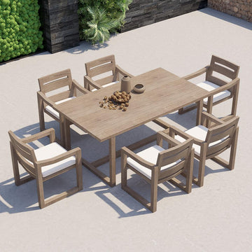 7 Pieces Modern Outdoor Dining Set with Rectangle Teak Wood Table and Chair in Natural